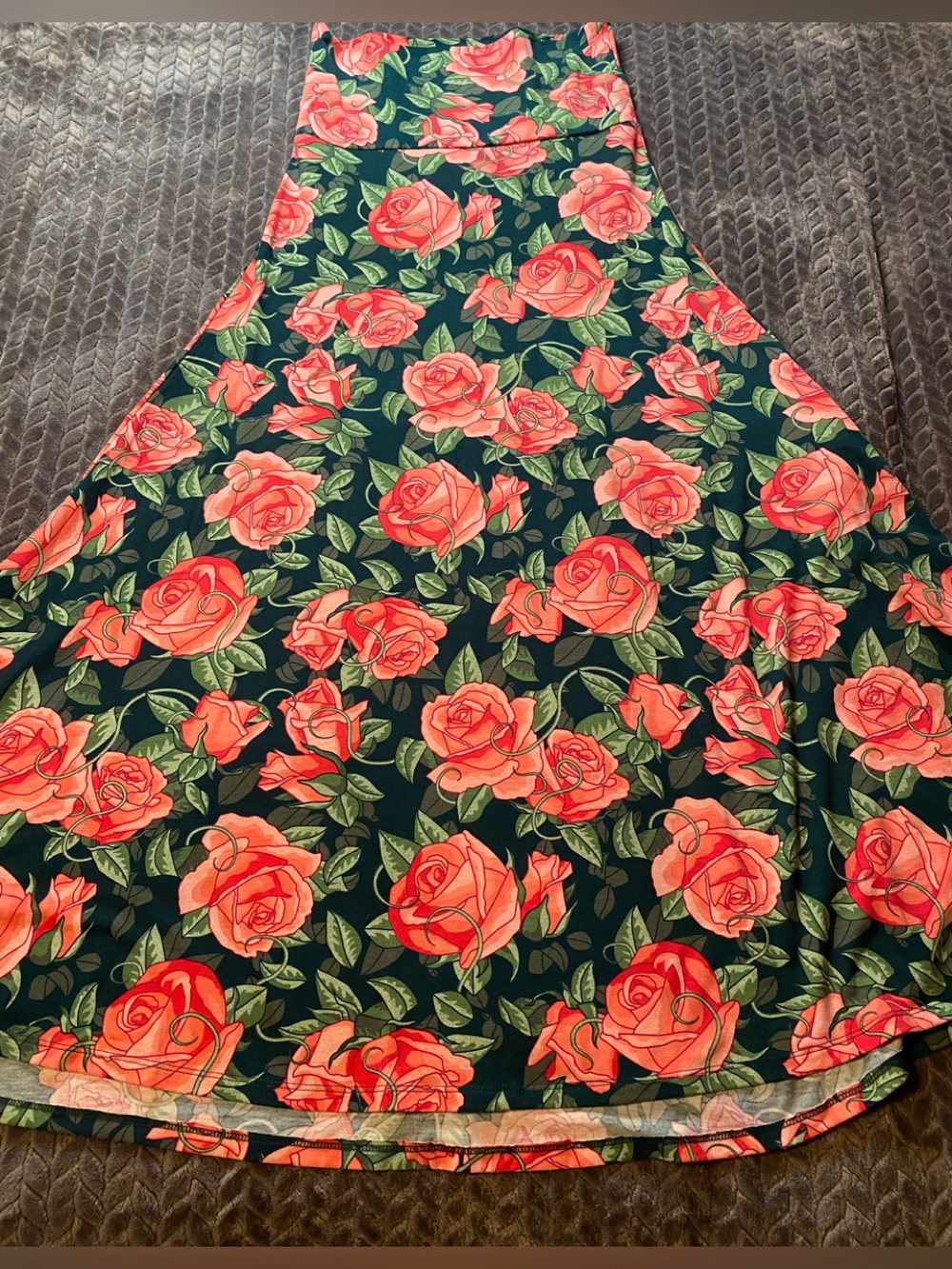 LuLaroe Floral A-Line Skirt or Maxi dress in Dark Green with Coral Roses